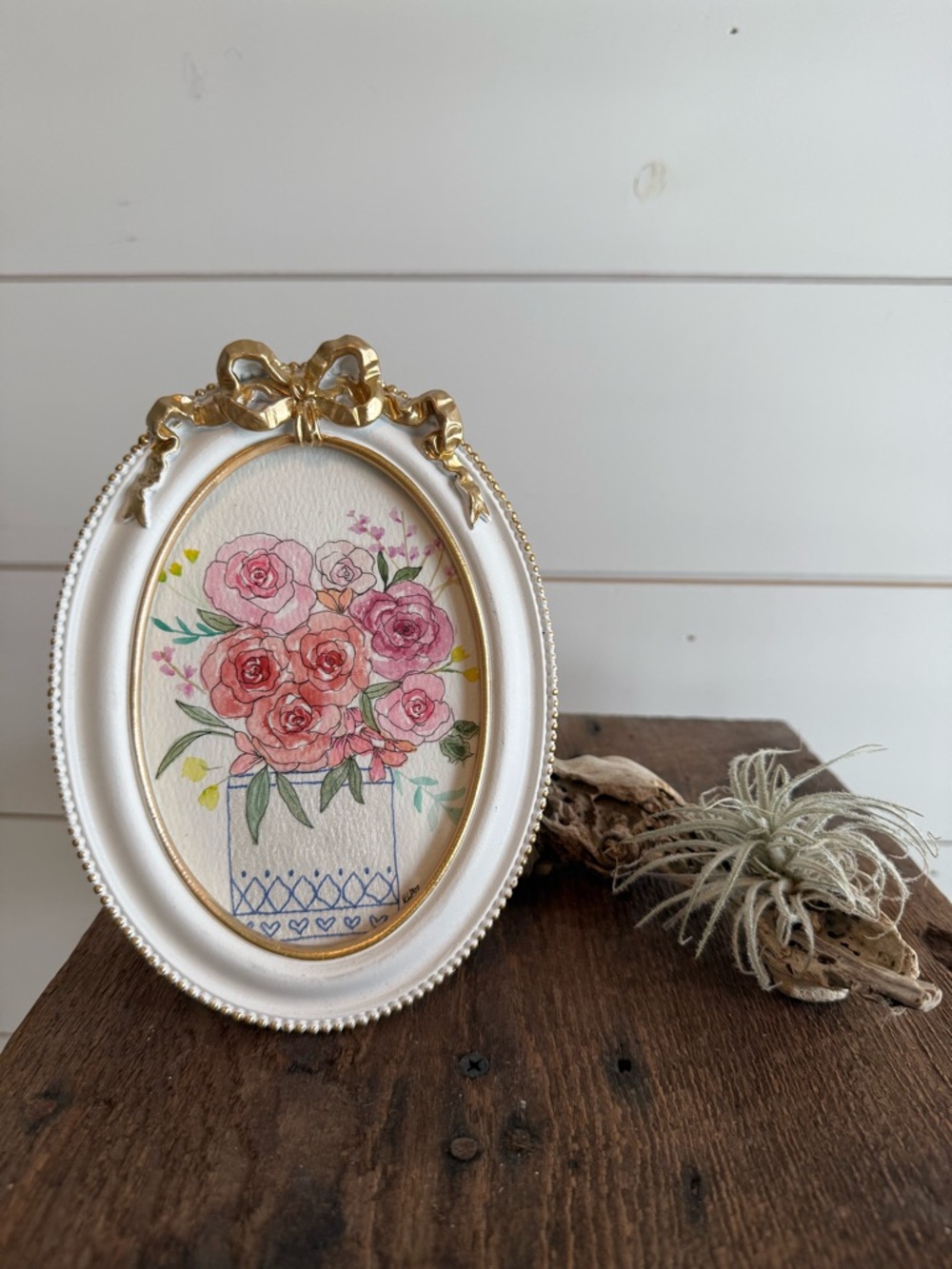 Hand crafted watercolor original in 4x6 white and Gold frame